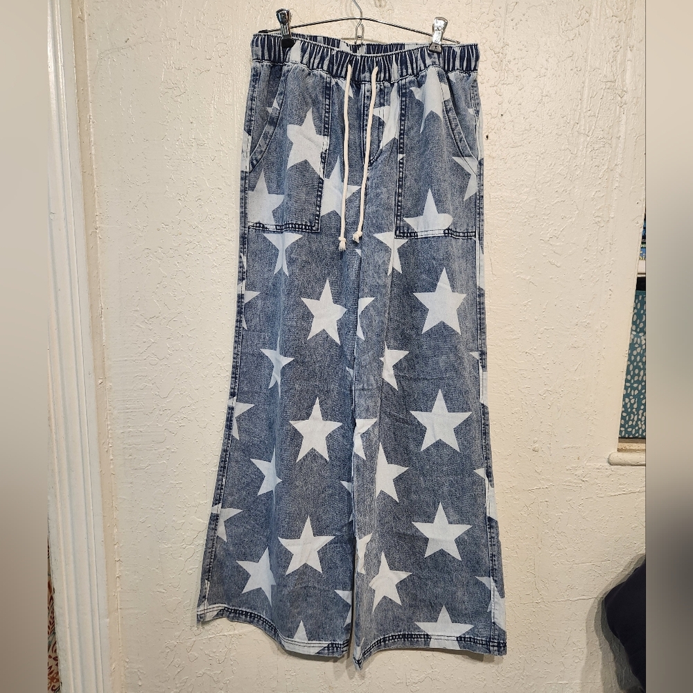 Light Blue Star Print Light Wash Drawstring High Waist Wide Leg Jeans - Picture 9 of 11
